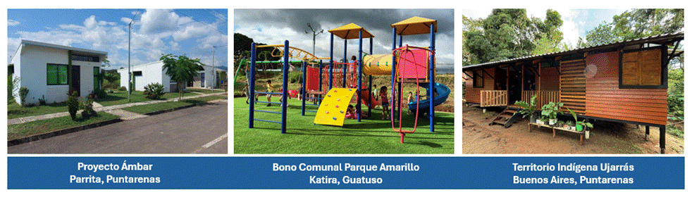 Fotografías de vivienda entregada en el Territorio Ujarrás en Buenos Aires, Puntarenas, proyecto de bono comunal Parque Amarillo en Katira, Guatuso y Proyecto Ámbar en Parrita.
